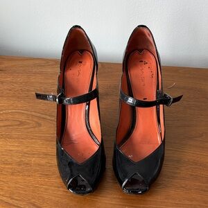 Via Spiga Black Patent Peep-Toe Mary Jane Heels with Orange Insole